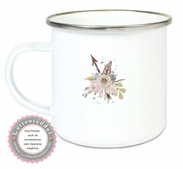 ♥ Tasse Emaillebecher Eule Federn BOHO , Einschulung KITA Wunschname, Dankeschön, Geburtstag, Abschied, Jubiläum, Geschenk, Kommunion, Firmung Konfirmation, Becher von Lüttentüddel